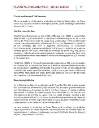 PLAN DE MANEJO AMBIENTAL – TITULO FGD-081 20
Formación Lisama (E1l) Paleoceno
Aflora formando el núcleo de los sinclinales de Otanche, Guadualito y de Santa
Elena; esta secuencia forma un relieve pronunciado, y está afectada por fenómenos
de remoción en masa.
Nombre y sección tipo
Esta formación fue definida por Link (1925 en Morales et al., 1958), la localidad tipo
se localiza en la quebrada Lisama, la cual es tributaria del río Sogamoso, en la parte
noreste del Área de Concesión De Mares. Para Morales et al. (1958). La Formación
Lisama incluye los sedimentos paleocenos (1225 m) que representan la transición
de los depósitos del Umir a depósitos continentales; se encuentran
concordantemente y gradualmente sobre el Umir y están constituidos por shales de
variados colores con capas medianas de areniscas de grano muy fino, grises,
verdosas y cafés localmente con estratificación inclinada; las arenitas de la parte
superior contienen lentes de esmeraldas menos desarrollados que los que presenta
la Formación Umir.
Para Pardo (2004), la Formación Lisama está compuesta por 906 m, de los cuales,
los primeros 223 m, son arenitas líticas de grano muy fino intercalados con shales;
las arenitas tienen estratificación inclinada; le siguen 319 m de un intervalo cubierto
constituido por shales y arenitas micáceas. Los 50 m que siguen están conformados
por arenitas intercaladas con shales para luego continuar una sucesión de shales
varicoloreados; y le asigna edad Paleoceno.
Descripción litológica
En el Sinclinal de Otanche, en el sector de El Encanto (189: A9), la parte inferior
está compuesta de arenitas de cuarzo de grano fino, en capas gruesas ondulosas
con intercalaciones de arenitas de grano muy fino, limosas, en capas medianas
ligeramente ondulosas. La parte superior está constituida por un intervalo con
intercalaciones de arenitas de grano fino, en capas gruesas, macizas y con
superficies de estratificación ondulosas; arenitas limosas con laminación planar en
capas medianas, limolitas negras laminadas en capas gruesas y arcillolitas negras
carbonosas en capas medianas con laminación planar.
La parte superior en el sinclinal de Santa Elena, está constituido por arcillolitas
negras carbonosas en capas medianas con intercalaciones de limolitas negras en
capas delgadas y medianas ondulosas con laminación lenticular de arenita de grano
muy fino y estratificación inclinada.
 