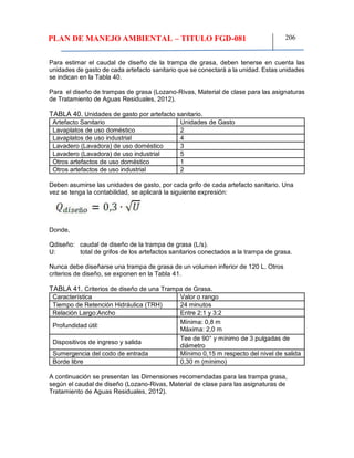 PLAN DE MANEJO AMBIENTAL – TITULO FGD-081 206
Para estimar el caudal de diseño de la trampa de grasa, deben tenerse en cuenta las
unidades de gasto de cada artefacto sanitario que se conectará a la unidad. Estas unidades
se indican en la Tabla 40.
Para el diseño de trampas de grasa (Lozano-Rivas, Material de clase para las asignaturas
de Tratamiento de Aguas Residuales, 2012).
TABLA 40. Unidades de gasto por artefacto sanitario.
Artefacto Sanitario Unidades de Gasto
Lavaplatos de uso doméstico 2
Lavaplatos de uso industrial 4
Lavadero (Lavadora) de uso doméstico 3
Lavadero (Lavadora) de uso industrial 5
Otros artefactos de uso doméstico 1
Otros artefactos de uso industrial 2
Deben asumirse las unidades de gasto, por cada grifo de cada artefacto sanitario. Una
vez se tenga la contabilidad, se aplicará la siguiente expresión:
Donde,
Qdiseño: caudal de diseño de la trampa de grasa (L/s).
U: total de grifos de los artefactos sanitarios conectados a la trampa de grasa.
Nunca debe diseñarse una trampa de grasa de un volumen inferior de 120 L. Otros
criterios de diseño, se exponen en la Tabla 41.
TABLA 41. Criterios de diseño de una Trampa de Grasa.
Característica Valor o rango
Tiempo de Retención Hidráulica (TRH) 24 minutos
Relación Largo:Ancho Entre 2:1 y 3:2
Profundidad útil:
Mínima: 0,8 m
Máxima: 2,0 m
Dispositivos de ingreso y salida
Tee de 90° y mínimo de 3 pulgadas de
diámetro
Sumergencia del codo de entrada Mínimo 0,15 m respecto del nivel de salida
Borde libre 0,30 m (mínimo)
A continuación se presentan las Dimensiones recomendadas para las trampa grasa,
según el caudal de diseño (Lozano-Rivas, Material de clase para las asignaturas de
Tratamiento de Aguas Residuales, 2012).
 