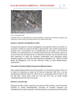 PLAN DE MANEJO AMBIENTAL – TITULO FGD-081 23
Foto 1. Formación Umir.
Arcillolitas físiles con intercalaciones de capas delgadas y medianas de arcillolitas compactas que
meteorizan a color naranja, de la parte inferior de la unidad (metro 496).
Espesor, posición estratigráfica y edad
El espesor levantado en sección estratigráfica del segmento inferior es de 249 m y
el espesor medido en corte es de 500 m aproximados, esta unidad suprayace en
contacto neto y concordante con la estratificación de las capas, a la Formación
Córdoba y es suprayacida en un contacto transicional por la Formación Lisama, el
cual se marca por la presencia de un intervalo de arenitas. No se encontró fauna
para determinar la edad; las muestras recolectadas para palinología dieron
resultado negativo; se acepta la edad asignada por Morales et al., 1958 en el Valle
Medio del Magdalena y de Van Der Hammen (1958), es decir Maastrichtiano-
Campaniano.
Formación Córdoba (k5k6c) Campaniano-Maastrichtiano
Esta unidad calcárea aflora entre El Grupo Olini y La Formación Lisama o Seca, en
la región de Caparrapí al oeste de la Falla de Caparrapí (189: G4), y en los
sinclinales de Otanche (169: H10, 189: A10, A11), Guadualito (189: D7, D8; C7, C8,
C9, B9, B8) y Santa Elena (189: E9, E10, D9, D10, F9), en donde resalta
morfológicamente formando una cresta.
Nombre y sección tipo
Rodríguez & Ulloa (1994), proponen en la plancha 189 La Palma, como Formación
Córdoba la unidad litoestratigráfica (sucesión de limolitas calcáreas con
intercalaciones de caliza arenosa y arenisca calcárea), ubicada entre el Grupo Olini
 