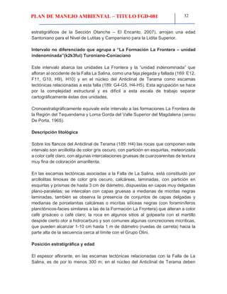 PLAN DE MANEJO AMBIENTAL – TITULO FGD-081 32
estratigráficos de la Sección Otanche – El Encanto, 2007), arrojan una edad
Santoniano para el Nivel de Lutitas y Campaniano para la Lidita Superior.
Intervalo no diferenciado que agrupa a “La Formación La Frontera – unidad
indenominada”(k2k3fui) Turoniano-Coniaciano
Este intervalo abarca las unidades La Frontera y la “unidad indenominada” que
afloran al occidente de la Falla La Salina, como una faja plegada y fallada (169: E12,
F11, G10, H9), H10) y en el núcleo del Anticlinal de Terama como escamas
tectónicas relacionadas a esta falla (189: G4-G5, H4-H5). Esta agrupación se hace
por la complejidad estructural y es difícil a esta escala de trabajo separar
cartográficamente éstas dos unidades.
Cronoestratigráficamente equivale este intervalo a las formaciones La Frontera de
la Región del Tequendama y Loma Gorda del Valle Superior del Magdalena (sensu
De Porta, 1965).
Descripción litológica
Sobre los flancos del Anticlinal de Terama (189: H4) las rocas que componen este
intervalo son arcillolita de color gris oscuro, con partición en esquirlas, meteorizada
a color café claro, con algunas intercalaciones gruesas de cuarzoarenitas de textura
muy fina de coloración amarillenta.
En las escamas tectónicas asociadas a la Falla de La Salina, está constituido por
arcillolitas limosas de color gris oscuro, calcáreas, laminadas, con partición en
esquirlas y prismas de hasta 3 cm de diámetro, dispuestas en capas muy delgadas
plano-paralelas; se intercalan con capas gruesas a medianas de micritas negras
laminadas, también se observa la presencia de conjuntos de capas delgadas y
medianas de porcelanitas calcáreas o micritas silíceas negras (con foraminíferos
planctónicos-facies similares a las de la Formación La Frontera) que alteran a color
café grisáceo o café claro; la roca en algunos sitios al golpearla con el martillo
despide cierto olor a hidrocarburo y son comunes algunas concreciones micríticas,
que pueden alcanzar 1-10 cm hasta 1 m de diámetro (ruedas de carreta) hacia la
parte alta de la secuencia cerca al límite con el Grupo Olini.
Posición estratigráfica y edad
El espesor aflorante, en las escamas tectónicas relacionadas con la Falla de La
Salina, es de por lo menos 300 m; en el núcleo del Anticlinal de Terama deben
 