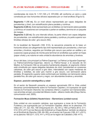 PLAN DE MANEJO AMBIENTAL – TITULO FGD-081 40
coordenadas de inicio N: 1.101.128 y E: 974.956; allí conforma un cerro y está
constituida por dos horizontes silíceos separados por un nivel arcilloso (Figura 5).
Segmento 1 (15 m). Es un nivel silíceo representado por capas delgadas de
porcelanitas y chert, con estratificación plana paralela y continua.
Segmento 2 (28 m). Está representado por arcillolitas con laminación plana paralela
y continua; en ocasiones son compactas o parten en astillas y termina en un paquete
de margas.
Segmento 3 (33 m). Es una intervalo silíceo, la parte inferior son capas delgadas
de porcelanitas, con estratificación plana paralela y continua y la parte superior son
limolitas silíceas de color gris oscuro (N2).
En la localidad de Nazareth (169: E12), la secuencia presenta en la base un
horizonte silíceo con plegamiento tipo kink representado por porcelanita y chert con
amonitas y bivalvos, seguidos por limolitas gris oscuro que parten en astillas y en
ocasiones capas gruesas de micrita para terminar en arcillolitas que parten en hojas
(paper shale) y es notoria en esta unidad la abundancia de amonitas y bivalvos.
Al sur del área, (vía principal La Palma-Caparrapí, La Palma-La Aguada-Caparrapí,
La Palma-Canchimay-Caparrapí, desvío La Palma-Yacopí a la escuela de En
Medio), la Formación Hiló se encuentra fuertemente plegada; el segmento inferior
está constituido por capas delgadas tabulares de chert, porcelanitas en ocasiones
calcáreas, de color gris oscuro a gris claro, intercaladas con capas medianas de
limolitas y lodolitas, de color gris marrón a gris oscuro, con laminación plana
paralela. El segmento superior está conformado por lodolitas con laminación plana
paralela fina, de color gris oscuro y negro, con abundantes bivalvos y amonitas.
Espesor, posición estratigráfica y edad
En el sector de Nazareth presenta un espesor aproximado 250 m. Esta unidad
descansa concordantemente sobre la Formación Capotes y la suprayace de igual
manera la Formación Otanche; los contactos inferior y superior son transicionales.
Las amonitas arrojan una edad del Albiano medio - albiano medio alto (Etayo Serna,
comunicación oral, 2005).
Formación Muzo (b3b4m) Hauteriviano – Barremiano (unidad nueva)
Esta unidad es una sucesión calcárea, que suprayace a rocas de la Formación
Furatena y es suprayacida por La Formación Capotes; aflora en la planchas 170
Vélez (E1, F1, G2, H2), 190 Chiquinquirá (A1, A2, B1) y 189 La Palma (B12, C11,
C12, D12 y D11) en los flancos del Anticlinal La Chapa-Borbur; también se observa
en el Sinclinal de Otanche (189: A9- B9), en el sector de Coscuéz (189: A11 y B11);
en la plancha 169 (G11, G12, H11 y H12) en la región de Calcetero (169: H11).
 