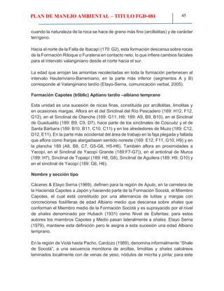 PLAN DE MANEJO AMBIENTAL – TITULO FGD-081 45
cuando la naturaleza de la roca se hace de grano más fino (arcillolitas) y de carácter
terrígeno.
Hacia el norte de la Falla de Ibacapí (170: G2), esta formación descansa sobre rocas
de la Formación Ritoque o Furatena en contacto neto, lo que infiere cambios faciales
para el intervalo valanginiano desde el norte hacia el sur.
La edad que arrojan las amonitas recolectadas en toda la formación pertenecen al
intervalo Hauteriviano-Barremiano; en la parte más inferior (segmentos A y B)
corresponde al Valanginiano tardío (Etayo-Serna, comunicación verbal, 2005).
Formación Capotes (b5b6c) Aptiano tardío –albiano temprano
Esta unidad es una sucesión de rocas finas, constituida por arcillolitas, limolitas y
en ocasiones margas. Aflora en el del Sinclinal del Río Pescadero (169: H12, F12,
G12), en el Sinclinal de Otanche (169: G11, H9; 189: A9, B9, B10), en el Sinclinal
de Guadualito (189: B9, C9, D7), hace parte de los sinclinales de Coscuéz y el de
Santa Bárbara (189: B10. B11, C10, C11) y en los alrededores de Muzo (189: C12,
D12, E11). En la parte más occidental del área de trabajo en la faja plegada y fallada
que aflora como franjas alargadasen sentido noreste (169: E12, F11, G10, H9) y en
la plancha 189 (A8, B8, C7, G5-G6, H5-H6). También aflora en proximidades a
Yacopí, en el Sinclinal de Yacopí Grande (189:F7-G7)), en el anticlinal de Murca
(189: H7), Sinclinal de Topaipí (189: H8, G8), Sinclinal de Aguilera (189: H9, G10) y
en el sinclinal de Yacopí (189: G6, H6).
Nombre y sección tipo
Cáceres & Etayo Serna (1969), definen para la región de Apulo, en la carretera de
la Hacienda Capotes a Japón y haciendo parte de la Formación Socotá, el Miembro
Capotes, el cual está constituido por una alternancia de lutitas y margas con
concreciones fosilíferas de edad Albiano medio que descansa sobre shales que
conforman el Miembro medio de la Formación Socotá y es suprayacido por el nivel
de shales denominado por Hubach (1931) como Nivel de Esferitas; para estos
autores los miembros Capotes y Medio pasan lateralmente a shales. Etayo Serna
(1979), mantiene esta definición pero le asigna a esta sucesión una edad Albiano
temprano.
En la región de Viotá hasta Pacho, Cardozo (1989), denomina informalmente “Shale
de Socotá”, a una secuencia monótona de arcillas, limolitas y shales calcáreos
laminados localmente con de venas de yeso, nódulos de micrita y pirita; para este
 