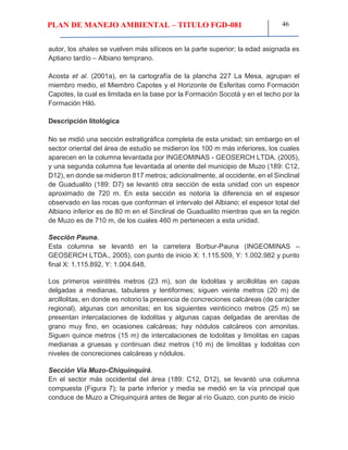 PLAN DE MANEJO AMBIENTAL – TITULO FGD-081 46
autor, los shales se vuelven más silíceos en la parte superior; la edad asignada es
Aptiano tardío – Albiano temprano.
Acosta et al. (2001a), en la cartografía de la plancha 227 La Mesa, agrupan el
miembro medio, el Miembro Capotes y el Horizonte de Esferitas como Formación
Capotes, la cual es limitada en la base por la Formación Socotá y en el techo por la
Formación Hiló.
Descripción litológica
No se midió una sección estratigráfica completa de esta unidad; sin embargo en el
sector oriental del área de estudio se midieron los 100 m más inferiores, los cuales
aparecen en la columna levantada por INGEOMINAS - GEOSERCH LTDA. (2005),
y una segunda columna fue levantada al oriente del municipio de Muzo (189: C12,
D12), en donde se midieron 817 metros; adicionalmente, al occidente, en el Sinclinal
de Guadualito (189: D7) se levantó otra sección de esta unidad con un espesor
aproximado de 720 m. En esta sección es notoria la diferencia en el espesor
observado en las rocas que conforman el intervalo del Albiano; el espesor total del
Albiano inferior es de 80 m en el Sinclinal de Guadualito mientras que en la región
de Muzo es de 710 m, de los cuales 460 m pertenecen a esta unidad.
Sección Pauna.
Esta columna se levantó en la carretera Borbur-Pauna (INGEOMINAS –
GEOSERCH LTDA., 2005), con punto de inicio X: 1.115.509, Y: 1.002.982 y punto
final X: 1.115.892, Y: 1.004.648.
Los primeros veintitrés metros (23 m), son de lodolitas y arcillolitas en capas
delgadas a medianas, tabulares y lentiformes; siguen veinte metros (20 m) de
arcillolitas, en donde es notorio la presencia de concreciones calcáreas (de carácter
regional), algunas con amonitas; en los siguientes veinticinco metros (25 m) se
presentan intercalaciones de lodolitas y algunas capas delgadas de arenitas de
grano muy fino, en ocasiones calcáreas; hay nódulos calcáreos con amonitas.
Siguen quince metros (15 m) de intercalaciones de lodolitas y limolitas en capas
medianas a gruesas y continuan diez metros (10 m) de limolitas y lodolitas con
niveles de concreciones calcáreas y nódulos.
Sección Vía Muzo-Chiquinquirá.
En el sector más occidental del área (189: C12, D12), se levantó una columna
compuesta (Figura 7); la parte inferior y media se medió en la vía principal que
conduce de Muzo a Chiquinquirá antes de llegar al río Guazo, con punto de inicio
 