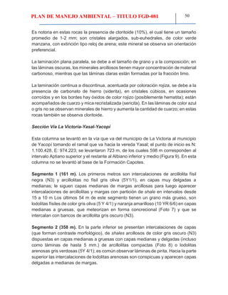 PLAN DE MANEJO AMBIENTAL – TITULO FGD-081 50
Es notoria en estas rocas la presencia de cloritoide (10%), el cual tiene un tamaño
promedio de 1-2 mm; son cristales alargados, sub-euhedrales, de color verde
manzana, con extinción tipo reloj de arena; este mineral se observa sin orientación
preferencial.
La laminación plana paralela, se debe a el tamaño de grano y a la composición; en
las láminas oscuras, los minerales arcillosos tienen mayor concentración de material
carbonoso, mientras que las láminas claras están formadas por la fracción limo.
La laminación continua a discontinua, acentuada por coloración rojiza, se debe a la
presencia de carbonato de hierro (siderita), en cristales cúbicos, en ocasiones
corroídos y en los bordes hay óxidos de color rojizo (posiblemente hematita); están
acompañados de cuarzo y mica recristalizada (sericita). En las láminas de color azul
o gris no se observan minerales de hierro y aumenta la cantidad de cuarzo; en estas
rocas también se observa cloritoide.
Sección Vía La Victoria-Yasal-Yacopí
Esta columna se levantó en la vía que va del municipio de La Victoria al municipio
de Yacopí tomando el ramal que va hacia la vereda Yasal; el punto de inicio es N:
1.100.428, E: 974.223; se levantaron 723 m, de los cuales 598 m corresponden al
intervalo Aptiano superior y el restante al Albiano inferior y medio (Figura 9). En esta
columna no se levantó al base de la Formación Capotes.
Segmento 1 (161 m). Los primeros metros son intercalaciones de arcillolita físil
negra (N3) y arcillolitas no físil gris oliva (5Y1/1), en capas muy delgadas a
medianas; le siguen capas medianas de margas arcillosas para luego aparecer
intercalaciones de arcillolitas y margas con partición de shale en intervalos desde
15 a 10 m Los últimos 54 m de este segmento tienen un grano más grueso, son
lodolitas físiles de color gris oliva (5 Y 4/1) y naranja amarilloso (10 YR 6/6) en capas
medianas a gruesas, que meteorizan en forma concrecional (Foto 7) y que se
intercalan con bancos de arcillolita gris oscuro (N3).
Segmento 2 (358 m). En la parte inferior se presentan intercalaciones de capas
(que forman contraste morfológico), de shales arcillosos de color gris oscuro (N3)
dispuestas en capas medianas a gruesas con capas medianas y delgadas (incluso
como láminas de hasta 5 mm.) de arcillolitas compactas (Foto 8) o lodolitas
arenosas gris verdosas (5Y 4/1); es común observar láminas de pirita. Hacia la parte
superior las intercalaciones de lodolitas arenosas son conspicuas y aparecen capas
delgadas a medianas de margas.
 
