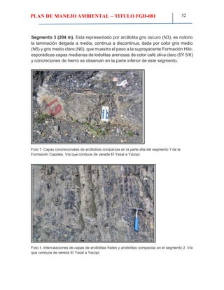PLAN DE MANEJO AMBIENTAL – TITULO FGD-081 52
Segmento 3 (204 m). Esta representado por arcillolita gris oscuro (N3), es notorio
la laminación delgada a media, continua a discontinua, dada por color gris medio
(N5) y gris medio claro (N6), que muestra el paso a la suprayacente Formación Hiló;
esporádicas capas medianas de lodolitas arenosas de color café oliva claro (5Y 5/6)
y concreciones de hierro se observan en la parte inferior de este segmento.
Foto 7. Capas concrecionales de arcillolitas compactas en la parte alta del segmento 1 de la
Formación Capotes. Vía que conduce de vereda El Yasal a Yacopí.
Foto 8. Intercalaciones de capas de arcillolitas físiles y arcillolitas compactas en el segmento 2. Vía
que conduce de vereda El Yasal a Yacopí.
 