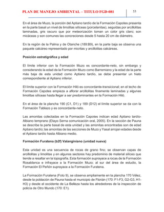 PLAN DE MANEJO AMBIENTAL – TITULO FGD-081 53
En el área de Muzo, la porción del Aptiano tardío de la Formación Capotes presenta
en la parte basal un nivel de limolitas silíceas (porcelanitas), seguidas por arcillolitas
laminadas, gris oscuro que por meteorización toman un color gris claro; son
micáceas y son comunes las concreciones desde 5 hasta 20 cm de diámetro.
En la región de la Palma y de Otanche (189:B9), en la parte baja se observa una
paquete calcáreo representado por micritas y arcillolitas calcáreas.
Posición estratigráfica y edad
El límite inferior con la Formación Muzo es concordante-neto, sin embargo y
considerando la edad de la Formación Muzo como Barremiano y la edad de la parte
más baja de esta unidad como Aptiano tardío, se debe presentar un hiato
correspondiente al Aptiano inferior.
El límite superior con la Formación Hiló es concordante-transicional; en el techo de
Formación Capotes empieza a aflorar arcillolitas finamente laminadas y algunas
limolitas silíceas hasta llegar a ser predominantes en la Formación Hiló.
En el área de la plancha 190 (C1, D1) y 189 (D12) el límite superior se da con la
Formación Tablazo y es concordante-neto.
Las amonitas colectadas en la Formación Capotes indican edad Aptiano tardío-
Albiano temprano (Etayo Serna comunicación oral, 2005). En la sección de Pauna
se describe la parte basal de esta unidad y las amonitas encontradas son de edad
Aptiano tardío; las amonitas de las secciones de Muzo y Yasal arrojan edades desde
el Aptiano tardío hasta Albiano medio.
Formación Furatena (b2f) Valanginiano (unidad nueva)
Esta unidad es una secuencia de rocas de grano fino; se observan capas de
arcillolitas y limolitas y en algunos sectores hay predominio de material silíceo que
tiende a resaltar en la topografía. Esta formación suprayace a rocas de la Formación
Rosablanca e infrayace a la Formación Muzo; al sur del área de estudio, la
Formación El Peñón suprayace a la Formación Furatena.
La Formación Furatena (Foto 9), se observa ampliamente en la plancha 170 Vélez,
desde la población de Pauna hasta el municipio de Florián (170: F1-F3, G2-G3, H1-
H3) y desde el occidente de La Belleza hasta los alrededores de la inspección de
policía de Otro Mundo (170: E1).
 