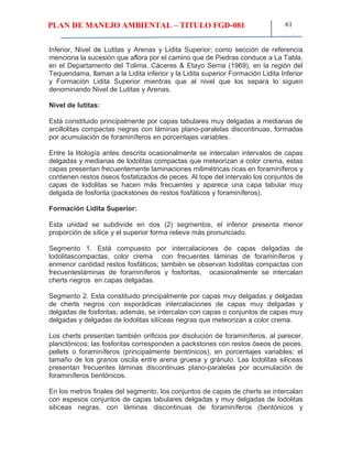 PLAN DE MANEJO AMBIENTAL – TITULO FGD-081 61
Inferior, Nivel de Lutitas y Arenas y Lidita Superior; como sección de referencia
menciona la sucesión que aflora por el camino que de Piedras conduce a La Tabla,
en el Departamento del Tolima. Cáceres & Etayo Serna (1969), en la región del
Tequendama, llaman a la Lidita inferior y la Lidita superior Formación Lidita Inferior
y Formación Lidita Superior mientras que al nivel que los separa lo siguen
denominando Nivel de Lutitas y Arenas.
Nivel de lutitas:
Está constituido principalmente por capas tabulares muy delgadas a medianas de
arcillolitas compactas negras con láminas plano-paralelas discontinuas, formadas
por acumulación de foraminíferos en porcentajes variables.
Entre la litología antes descrita ocasionalmente se intercalan intervalos de capas
delgadas y medianas de lodolitas compactas que meteorizan a color crema, estas
capas presentan frecuentemente laminaciones milimétricas ricas en foraminíferos y
contienen restos óseos fosfatizados de peces. Al tope del intervalo los conjuntos de
capas de lodolitas se hacen más frecuentes y aparece una capa tabular muy
delgada de fosforita (packstones de restos fosfáticos y foraminíferos).
Formación Lidita Superior:
Esta unidad se subdivide en dos (2) segmentos, el inferior presenta menor
proporción de sílice y el superior forma relieve más pronunciado.
Segmento 1. Está compuesto por intercalaciones de capas delgadas de
lodolitascompactas, color crema con frecuentes láminas de foraminíferos y
enmenor cantidad restos fosfáticos; también se observan lodolitas compactas con
frecuentesláminas de foraminíferos y fosforitas, ocasionalmente se intercalan
cherts negros en capas delgadas.
Segmento 2. Esta constituido principalmente por capas muy delgadas y delgadas
de cherts negros con esporádicas intercalaciones de capas muy delgadas y
delgadas de fosforitas; además, se intercalan con capas o conjuntos de capas muy
delgadas y delgadas de lodolitas silíceas negras que meteorizan a color crema.
Los cherts presentan también orificios por disolución de foraminíferos, al parecer,
planctónicos; las fosforitas corresponden a packstones con restos óseos de peces,
pellets o foraminíferos (principalmente bentónicos), en porcentajes variables; el
tamaño de los granos oscila entre arena gruesa y gránulo. Las lodolitas silíceas
presentan frecuentes láminas discontinuas plano-paralelas por acumulación de
foraminíferos bentónicos.
En los metros finales del segmento, los conjuntos de capas de cherts se intercalan
con espesos conjuntos de capas tabulares delgadas y muy delgadas de lodolitas
silíceas negras, con láminas discontinuas de foraminíferos (bentónicos y
 