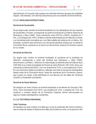 PLAN DE MANEJO AMBIENTAL – TITULO FGD-081 62
planctónicos). En la parte más superior se intercalan láminas gruesas de arcillolitas
negras, más blandas, con láminas discontinuas por acumulación de foraminíferos.
2.1.2.1 GEOLOGIA ESTRUCTURAL
Sinclinal de Guadualito
Se le asigna este nombre al sinclinal localizado en los alrededores de los caseríos
de Guadualito y Humbo; corresponde en parte al sinclinal de La Palma–Otanche de
Rodríguez y Ulloa (1994). Tiene orientación entre N10°W y N30°E, amplitud de 7
Km. y una longitud de 15 Km. El flanco oriental está limitado por la Falla de La Venta,
y el occidental está incompleto por una falla satélite del sistema de La Salina. Sin
embargo, contiene esta estructura una secuencia bastante amplia que va desde la
Formación Muzo, presente en el cierre sur del sinclinal, hasta la Formación Lisama
en su núcleo.
Sinclinal de Otanche
Se asigna este nombre al sinclinal localizado al occidente de la localidad de
Otanche; corresponde a parte del sinclinal que Rodríguez y Ulloa (1994),
denominaron La Palma – Otanche. En este trabajo se delimitó entre la Falla de Itoco
(189: B9) al sur hasta la localidad de Pizarrá al norte (Plancha 169: G10); tiene una
orientación preferencial N20°E, con una amplitud de 7 Km. y una longitud de 15 Km,
Es una estructura elíptica asimétrica y alberga casi toda la secuencia estratigráfica
desde rocas de la Formación Muzo, hasta las areniscas de la Formación Lisama,
que ocupan su núcleo. Está delimitado en sus flancos por las fallas de Tambrías
(oriente) y Guadualito (occidente).
Sinclinal de Santa Bárbara
Se designa con este nombre al sinclinal localizado al occidente de Coscuéz (189:
A10). Tiene orientación N10°-25°E, una amplitud de 3 Km. y longitud de 7 Km. Es
simétrico y muestra dentro de la Formación Capotes cierres estructurales en
algunos niveles estratigráficos resistentes.
2.1.2.2 TECTÓNICA REGIONAL
Falla Tambrías
Se designa con este nombre a la falla que va por la quebrada del mismo nombre y
que se extiende desde el Sistema de Fallas de la Salina al norte, en la plancha 169,
 