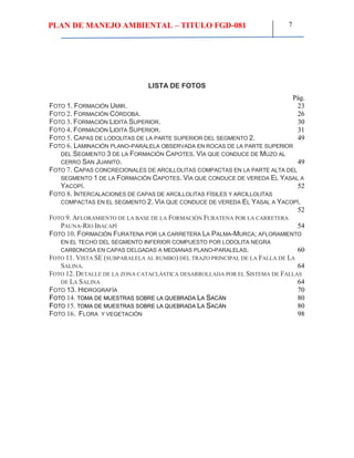 PLAN DE MANEJO AMBIENTAL – TITULO FGD-081 7
LISTA DE FOTOS
Pág.
FOTO 1. FORMACIÓN UMIR. 23
FOTO 2. FORMACIÓN CÓRDOBA. 26
FOTO 3. FORMACIÓN LIDITA SUPERIOR. 30
FOTO 4. FORMACIÓN LIDITA SUPERIOR. 31
FOTO 5. CAPAS DE LODOLITAS DE LA PARTE SUPERIOR DEL SEGMENTO 2. 49
FOTO 6. LAMINACIÓN PLANO-PARALELA OBSERVADA EN ROCAS DE LA PARTE SUPERIOR
DEL SEGMENTO 3 DE LA FORMACIÓN CAPOTES. VÍA QUE CONDUCE DE MUZO AL
CERRO SAN JUANITO. 49
FOTO 7. CAPAS CONCRECIONALES DE ARCILLOLITAS COMPACTAS EN LA PARTE ALTA DEL
SEGMENTO 1 DE LA FORMACIÓN CAPOTES. VÍA QUE CONDUCE DE VEREDA EL YASAL A
YACOPÍ. 52
FOTO 8. INTERCALACIONES DE CAPAS DE ARCILLOLITAS FÍSILES Y ARCILLOLITAS
COMPACTAS EN EL SEGMENTO 2. VÍA QUE CONDUCE DE VEREDA EL YASAL A YACOPÍ.
52
FOTO 9. AFLORAMIENTO DE LA BASE DE LA FORMACIÓN FURATENA POR LA CARRETERA
PAUNA-RÍO IBACAPÍ 54
FOTO 10. FORMACIÓN FURATENA POR LA CARRETERA LA PALMA-MURCA; AFLORAMIENTO
EN EL TECHO DEL SEGMENTO INFERIOR COMPUESTO POR LODOLITA NEGRA
CARBONOSA EN CAPAS DELGADAS A MEDIANAS PLANO-PARALELAS. 60
FOTO 11. VISTA SE (SUBPARALELA AL RUMBO) DEL TRAZO PRINCIPAL DE LA FALLA DE LA
SALINA. 64
FOTO 12. DETALLE DE LA ZONA CATACLÁSTICA DESARROLLADA POR EL SISTEMA DE FALLAS
DE LA SALINA 64
FOTO 13. HIDROGRAFÍA 70
FOTO 14. TOMA DE MUESTRAS SOBRE LA QUEBRADA LA SACÁN 80
FOTO 15. TOMA DE MUESTRAS SOBRE LA QUEBRADA LA SACÁN 80
FOTO 16. FLORA Y VEGETACIÓN 98
 