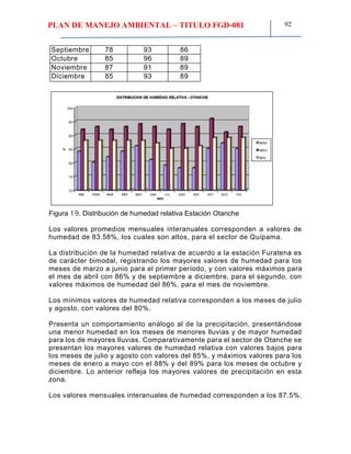 PLAN DE MANEJO AMBIENTAL – TITULO FGD-081 92
Septiembre 78 93 86
Octubre 85 96 89
Noviembre 87 91 89
Diciembre 85 93 89
Figura 19. Distribución de humedad relativa Estación Otanche
Los valores promedios mensuales interanuales corresponden a valores de
humedad de 83.58%, los cuales son altos, para el sector de Quípama.
La distribución de la humedad relativa de acuerdo a la estación Furatena es
de carácter bimodal, registrando los mayores valores de humedad para los
meses de marzo a junio para el primer período, y con valores máximos para
el mes de abril con 86% y de septiembre a diciembre, para el segundo, con
valores máximos de humedad del 86%, para el mes de noviembre.
Los mínimos valores de humedad relativa corresponden a los meses de julio
y agosto, con valores del 80%.
Presenta un comportamiento análogo al de la precipitación, presentándose
una menor humedad en los meses de menores lluvias y de mayor humedad
para los de mayores lluvias. Comparativamente para el sector de Otanche se
presentan los mayores valores de humedad relativa con valores bajos para
los meses de julio y agosto con valores del 85%, y máximos valores para los
meses de enero a mayo con el 88% y del 89% para los meses de octubre y
diciembre. Lo anterior refleja los mayores valores de precipitación en esta
zona.
Los valores mensuales interanuales de humedad corresponden a los 87.5%.
 