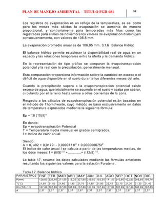 PLAN DE MANEJO AMBIENTAL – TITULO FGD-081 94
Los registros de evaporación es un reflejo de la temperatura, es así como
para los meses más cálidos la evaporación se aumenta de manera
proporcional, y contrariamente para temporadas más frías como las
registradas para el mes de noviembre los valores de evaporación disminuyen
consecuentemente, con valores de 105.5 mm.
La evaporación promedio anual es de 106.95 mm. 3.1.6 Balance Hídrico
El balance hídrico permite establecer la disponibilidad real de agua en un
espacio y las relaciones temporales entre la oferta y la demanda hídrica.
En la representación de tipo gráfico se comparan la evapotranspiración
potencial y la real con la precipitación, generalmente mensual.
Esta comparación proporciona información soibre la cantidad en exceso o el
déficit de agua disponible en el suelo durante los diferentes meses del año.
Cuando la precipitación supera a la evapotranspiración potencial existe
exceso de agua, que inicialmente se acumula en el suelo y acaba por sobrar,
circulando por el terreno hasta unirse a otras corrientes de la zona.
Respecto a los cálculos de evapotranspiración potencial están basados en
el método de Thornthwaite, cuyo método se basa exclusivamente en datos
de temperatura expresados mediante la siguiente fórmula:
Ep = 16 (10t/I)a
En donde:
Ep = evapotranspiración Potencial
T = Temperatura media mensual en grados centígrados.
I = Indice de calor anual
Siendo:
A = 0, 492 + 0,0179I - 0,0000771I2
+ 0,000000675I2
El índice de calor anual I se calcula a partir de las temperaturas medias, de
los doce meses: I = (ti/5)1,5
+.............+ (t12/5)1.5
.
La tabla 17, resume los datos calculados mediante las fórmulas anteriores
resultando los siguientes valores para la estación Furatena.
Tabla 17. Balance hídrico
PARAMETROS ENE FEB MAR ABR MAY JUN JUL AGO SEP OCT NOV DIC
P(mm) 128,60 226,10 271,50 315,20 327,60 219,50 183,50 141,50 243,80 422,90 268,60 156,70
T(°C) 21,50 21,60 21,60 21,40 21,70 21,80 21,80 22,10 22,10 21,30 21,20 21,40
IC=(T/5) 1,5 107,89 107,89 107,89 107,89 107,89 107,89 107,89 107,89 107,89 107,89 107,89 107,89
A 2,37 2,37 2,37 2,37 2,37 2,37 2,37 2,37 2,37 2,37 2,37 2,37
 