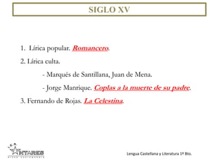 Lengua Castellana y Literatura 1º Bto.
SIGLO XV
1. Lírica popular. Romancero.
2. Lírica culta.
- Marqués de Santillana, Juan de Mena.
- Jorge Manrique. Coplas a la muerte de su padre.
3. Fernando de Rojas. La Celestina.
 
