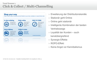 © Unic AG, www.unic.com | Carpathia Consulting GmbH, www.carpathia.ch | Seite 14
Click & Collect / Multi-Channelling
Trend Nummer 1
› Erweiterung der Distributionskanäle
› Stationär geht Online
› Online geht stationär
› Intelligente Kombination der beiden
Vertriebswege
› Loyalität der Kunden – auch
kanalübergreifend
› Synergie Effekte
› ROPO-Effekt
› Keine Angst vor Kannibalismus
 