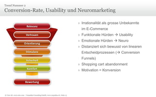 © Unic AG, www.unic.com | Carpathia Consulting GmbH, www.carpathia.ch | Seite 15
Conversion-Rate, Usability und Neuromarketing
Trend Nummer 2
› Irrationalität als grosse Unbekannte
im E-Commerce
› Funktionale Hürden  Usability
› Emotionale Hürden  Neuro
› Distanziert sich bewusst von linearen
Entscheidprozessen ( Conversion
Funnels)
› Shopping cart abandonment
› Motivation = Konversion
 