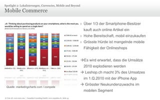 © Unic AG, www.unic.com | Carpathia Consulting GmbH, www.carpathia.ch | Seite 43
Mobile Commerce
Spotlight 2: Lokalisierungen, Currencies, Mobile and Beyond
› Über 1/3 der Smartphone-Besitzer
kauft auch online Artikel ein
› Hohe Bereitschaft, mobil einzukaufen
› Grösste Hürde ist mangelnde mobile
Fähigkeit der Onlineshops
Es wird erwartet, dass die Umsätze
2010 explodieren werden
 Leshop.ch macht 3% des Umsatzes
im 1.Q.2010 mit der iPhone App
 Grösster Neukundenzuwachs im
mobilen Segment
Quelle: marketingcharts.com / compete
 