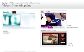 © Unic AG, www.unic.com | Carpathia Consulting GmbH, www.carpathia.ch | Seite 73
Videos: Homeshopping
Spotlight 4: Videos, Augmented Reality und Social Graph
Quelle:
douglas.tv
Quelle:
m6boutique.com
Quelle:
1-2-3.tv
 