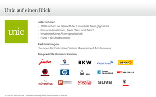 © Unic AG, www.unic.com | Carpathia Consulting GmbH, www.carpathia.ch | Seite 86
Unic auf einen Blick
Unternehmen
› 1996 in Bern als Spin-off der Universität Bern gegründet
› Büros in Amsterdam, Bern, Wien und Zürich
› Inhabergeführte Aktiengesellschaft
› Rund 140 Mitarbeitende
Marktleistungen
Lösungen für Enterprise Content Management & E-Business
Ausgewählte Referenzkunden
 