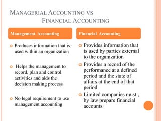 MANAGERIAL ACCOUNTING VS
FINANCIAL ACCOUNTING
 Produces information that is
used within an organization
 Helps the management to
record, plan and control
activities and aids the
decision making process
 No legal requirement to use
management accounting
 Provides information that
is used by parties external
to the organization
 Provides a record of the
performance at a defined
period and the state of
affairs at the end of that
period
 Limited companies must ,
by law prepare financial
accounts
Management Accounting Financial Accounting
 