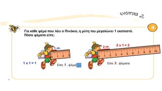 α
Για κάθε ψέμα που λέει ο Πινόκιο, η μύτη του μεγαλώνει 1 εκατοστό.
Πόσα ψέματα είπε;
1 x 1 = 1
Είπε . . . ψέματα1
2 x 1 = 2
Είπε . . . ψέματα2
 
