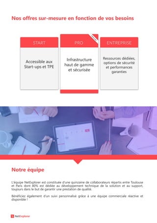 Nos offres sur-mesure en fonction de vos besoins
Notre équipe
L'équipe NetExplorer est constituée d'une quinzaine de collaborateurs répartis entre Toulouse
et Paris dont 80% est dédiée au développement technique de la solution et au support,
toujours dans le but de garantir une prestation de qualité.
Bénéficiez également d’un suivi personnalisé grâce à une équipe commerciale réactive et
disponible !
Accessible aux
Start-ups et TPE
Infrastructure
haut de gamme
et sécurisée
Ressources dédiées,
options de sécurité
et performances
garanties
 