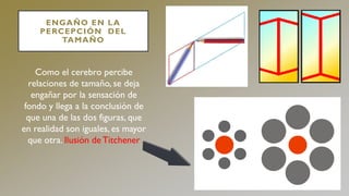 ENGAÑO EN LA
PERCEPCIÓN DEL
TAMAÑO
Como el cerebro percibe
relaciones de tamaño, se deja
engañar por la sensación de
fondo y llega a la conclusión de
que una de las dos figuras, que
en realidad son iguales, es mayor
que otra. Ilusión de Titchener
 