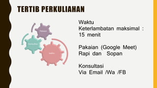 TERTIB PERKULIAHAN
waktu
Konsultasi
Pakaian
Waktu
Keterlambatan maksimal :
15 menit
Pakaian (Google Meet)
Rapi dan Sopan
Konsultasi
Via Email /Wa /FB
 