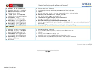 “Año del Fortalecimiento de la Soberanía Nacional”
PLAN ANUAL 2022
▪ ANONIMO. LAS MIL Y UNA NOCHES.
▪ ARGUEDAS, José María e IZQUIERDO,
▪ BIBLIOTECA DIGITAL CIUDAD SEVA
▪ CASSANY, Daniel. (2006)
▪ CASSANY, Daniel. (2012) EN-LÍNEA
▪ CASSANY, Daniel; Marta LUNA y Gloria
▪ GODOY, Emma. (2013)
▪ REVISTA DIGITAL LECTURA Y VIDA.
▪ MINISTERIO DE EDUCACIÓN. (2015).
▪ MINISTERIO DE EDUCACIÓN. (2014).
▪ MINISTERIO DE EDUCACIÓN. (2015).
▪ MINISTERIO DE EDUCACIÓN. (2012).
▪ Antología de Cuentos Orientales
▪ Francisco. (2014). Mitos, leyendas y cuentos peruanos. Editorial Siruela
▪ CUENTOS
▪ Taller de textos. Leer, escribir y comentar en el aula. Barcelona: Editorial Paidós.
▪ Leer y escribir en la red. Barcelona: Editorial Anagrama
▪ SANZ (1998). Enseñar lengua. Barcelona: Graó.
▪ Cuentos del Mundo .México: Fondo de Cultura Económica
▪ Antología literaria 1 Primera edición. Lima
▪ Módulo de comprensión lectora 1. Manual para el docente. Lima.
▪ Rutas del aprendizaje.Rutas del aprendizaje.Versión 2015.¿Qué y cómo aprenden nuestros estudIantes?
VI ciclo. Lima.
▪ Comunicación 1 ° grado de Educación Secundaria. Lima: Editorial Santillana.
Para el alumno:
▪ ANÓNIMO. LAS MIL Y UNA NOCHES.
▪ ARGUEDAS, José María e IZQUIERDO,
▪ BIBLIOTECA DIGITAL CIUDAD SEVA
▪ MINISTERIO DE EDUCACIÓN. (2015).
▪ MINISTERIO DE EDUCACIÓN. (2014).
▪ MINISTERIO DE EDUCACIÓN. (2012).
▪ Módulos de Biblioteca
▪ Diccionario
▪ Antología de Cuentos Orientales.
▪ Francisco. (2014) Mitos, leyendas y cuentos peruanos. Editorial Siruela
▪ CUENTOS
▪ Antología literaria 1 Primera edición. Lima
▪ Módulo de comprensión lectora 1. Cuaderno del estudiante. Lima.
▪ Comunicación 1 ° grado de Educación Secundaria. Lima: Editorial Santillana.
………………, 01 de marzo 2022
……………………………………………………………………
DOCENTE:
 