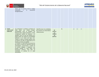 “Año del Fortalecimiento de la Soberanía Nacional”
PLAN ANUAL 2022
oficios que se practican desde el trabajo
comunitario y la transmisión
intergeneracional.
4 Salud y
conservación
ambiental
Las situaciones se orientan a promover la
salud desde una mirada integral,
entendiéndola como un equilibrio del
bienestar físico, mental, emocional y social;
considerando también las relaciones y el
equilibrio entre los seres que habitan en el
planeta desde una mirada de sostenibilidad
ambiental, en el marco del buen vivir.
Además, la salud es asumida también como
un derecho que debe ser garantizado por el
Estado en un marco de equidad.
Así también, la salud desde una perspectiva
que incluya y articule los diferentes tipos de
conocimiento, cosmovisiones y saberes de
los pueblos indígenas y originarios, que
permita entender la salud desde una
perspectiva colectiva, estar bien en
comunidad, la práctica de la salud
intercultural.
Identificamos los problemas
de salud en la comunidad y
reflexionamos
05
SEMAN
AS
19/06/22
AL
22/07/22
X ☐ ☐ ☐
 