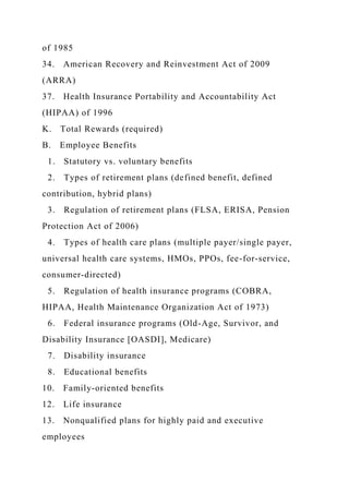 of 1985
34. American Recovery and Reinvestment Act of 2009
(ARRA)
37. Health Insurance Portability and Accountability Act
(HIPAA) of 1996
K. Total Rewards (required)
B. Employee Benefits
1. Statutory vs. voluntary benefits
2. Types of retirement plans (defined benefit, defined
contribution, hybrid plans)
3. Regulation of retirement plans (FLSA, ERISA, Pension
Protection Act of 2006)
4. Types of health care plans (multiple payer/single payer,
universal health care systems, HMOs, PPOs, fee-for-service,
consumer-directed)
5. Regulation of health insurance programs (COBRA,
HIPAA, Health Maintenance Organization Act of 1973)
6. Federal insurance programs (Old-Age, Survivor, and
Disability Insurance [OASDI], Medicare)
7. Disability insurance
8. Educational benefits
10. Family-oriented benefits
12. Life insurance
13. Nonqualified plans for highly paid and executive
employees
 