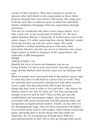 worthy of their attention. They may continue to mentor or
sponsor other individuals in the organization as those others
progress through their own careers. Obviously, this stage goes
from the early 60s to whatever point at which the individual
finally completely disengages from the organization through
retirement.
You may be wondering why these career stages matter. Let’s
take a look now at the second part of Exhibit 7-8. We have
added Abraham Maslow’s Hierarchy of Needs below each of the
career stages. It’s rather surprising how closely Maslow’s needs
hierarchy matches up with our career stages. We could
accomplish a similar matching process with many other
motivation theories, but this one serves to illustrate why career
stages matter so much to managers in the organization, and
especially to HR management.
WORK
APPLICATION 7-14
Identify the level of career development you are on.
Using Exhibit 7-8, but in your own words, describe your career
stage and the Maslow motivational issues you are dealing with
now.
What are people most concerned with at the earliest career stage
or when they have to fall back to a lower level of work? They
are typically most concerned with physical and safety/security
issues, right? Are they physically able to get the basic
things that they need in order to live and work—like money for
shelter, food to eat, fuel for their car? Are they getting paid
enough to survive and be safe? Then, as they get into the
establishment and maintenance stages, they become more
concerned with social interactions and then gaining status and
recognition as organizational leaders. Finally, as they move to
the disengagement stage, they are more concerned with higher-
level esteem needs such as self-respect, achievement of personal
goals, and being able to do the things that they think are
important. So, we see people go through these different
motivational points in their life as they go through their career.
 
