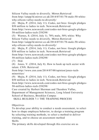 Silicon Valley needs to diversify. Mirror.Retrieved
from http://ampp3d.mirror.co.uk/2014/07/01/70-male-50-white-
why-silicon-valley-needs-to-diversify/
(4) Mejia, P. (2014, July 11). Codes, not bros: Google pledges
$50 million to ladies in tech. Newsweek.Retrieved
from http://www.newsweek.com/codes-not-bros-google-pledges-
50-million-ladies-tech-258298/
(5) Warnes, S. (2014, July 1). 70% male, 50% white: Why
Silicon Valley needs to diversify. Mirror.Retrieved
from http://ampp3d.mirror.co.uk/2014/07/01/70-male-50-white-
why-silicon-valley-needs-to-diversify/
(6) Mejia, P. (2014, July 11). Codes, not bros: Google pledges
$50 million to ladies in tech. Newsweek.Retrieved
from http://www.newsweek.com/codes-not-bros-google-pledges-
50-million-ladies-tech-258298/
(7) Ibid.
(8) Jones, V. (2014, July 8). How to hook up tech sector with
talent. CNN. Retrieved
from http://www.cnn.com/2014/07/08/opinion/jones-tech-
minorities/
(9) Mejia, P. (2014, July 11). Codes, not bros: Google pledges
$50 million to ladies in tech. Newsweek.Retrieved
from http://www.newsweek.com/codes-not-bros-google-pledges-
50-million-ladies-tech-258298/
Case created by Herbert Sherman and Theodore Vallas,
Department of Management Sciences, Long Island University
School of Business, Brooklyn Campus
SKILL BUILDER 7-1 THE TRAINING PROCESS
Objectives
To develop your ability to conduct a needs assessment, to select
how to shape employee behavior, to design a training program
by selecting training methods, to select a method to deliver
training, and to choose an assessment method
Skills
The primary skills developed through this exercise are as
 