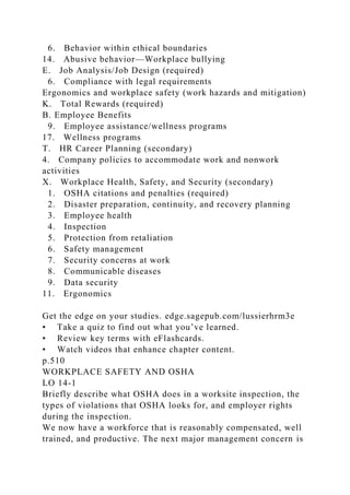 6. Behavior within ethical boundaries
14. Abusive behavior—Workplace bullying
E. Job Analysis/Job Design (required)
6. Compliance with legal requirements
Ergonomics and workplace safety (work hazards and mitigation)
K. Total Rewards (required)
B. Employee Benefits
9. Employee assistance/wellness programs
17. Wellness programs
T. HR Career Planning (secondary)
4. Company policies to accommodate work and nonwork
activities
X. Workplace Health, Safety, and Security (secondary)
1. OSHA citations and penalties (required)
2. Disaster preparation, continuity, and recovery planning
3. Employee health
4. Inspection
5. Protection from retaliation
6. Safety management
7. Security concerns at work
8. Communicable diseases
9. Data security
11. Ergonomics
Get the edge on your studies. edge.sagepub.com/lussierhrm3e
• Take a quiz to find out what you’ve learned.
• Review key terms with eFlashcards.
• Watch videos that enhance chapter content.
p.510
WORKPLACE SAFETY AND OSHA
LO 14-1
Briefly describe what OSHA does in a worksite inspection, the
types of violations that OSHA looks for, and employer rights
during the inspection.
We now have a workforce that is reasonably compensated, well
trained, and productive. The next major management concern is
 