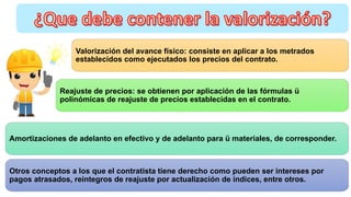 Valorización del avance físico: consiste en aplicar a los metrados
establecidos como ejecutados los precios del contrato.
Reajuste de precios: se obtienen por aplicación de las fórmulas ü
polinómicas de reajuste de precios establecidas en el contrato.
Amortizaciones de adelanto en efectivo y de adelanto para ü materiales, de corresponder.
Otros conceptos a los que el contratista tiene derecho como pueden ser intereses por
pagos atrasados, reintegros de reajuste por actualización de índices, entre otros.
 