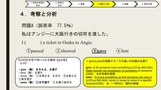 ４．考察と分析
問題A（誤答率 77.5％）
私はアンジーに大阪行きの切符を渡した。
I ( ) a ticket to Osaka to Angie.
①passed ②showed ③gave ④lent
SVOOの文型で用いられる動詞【g...