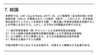 7. 結論
本研究では、LMI（Lou & Noels, 2017）の、より信頼性・妥当性の高い日本
語版尺度（LMI-J）が開発された（12項目、4因子）。これにより、日本語話
者の言語マインドセットを研究する際、一層正確に学習者の実態を把握...