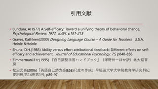 引用文献
• Bundura, A(1977) A Self-efficacy: Toward a unifying theory of behavioral change,
Psychological Review, 1977, vol84,...