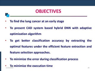 OBJECTIVES
• To find the lung cancer at an early stage
• To present CAD system based hybrid DNN with adaptive
optimization algorithm
• To get better classification accuracy by extracting the
optimal features under the efficient feature extraction and
feature selection approaches.
• To minimize the error during classification process
• To minimize the execution time
12/22/2022 28
 