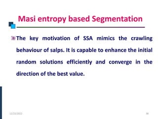 Masi entropy based Segmentation
The key motivation of SSA mimics the crawling
behaviour of salps. It is capable to enhance the initial
random solutions efficiently and converge in the
direction of the best value.
PHASE -I
12/22/2022 38
 