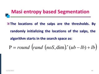 Masi entropy based Segmentation
The locations of the salps are the thresholds. By
randomly initializing the locations of the salps, the
algorithm starts in the search space as:
PHASE -I
12/22/2022 40
 
 
lb
lb
ub
noS
rand
round 


 
)
(
.
dim
,
 