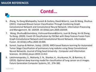 Contd…
6. Zhang, Yu-Dong &Satapathy, Suresh & Guttery, David &Gorriz, Juan & Wang, Shuihua.
(2021). Improved Breast Cancer Classification Through Combining Graph
Convolutional Network and Convolutional Neural Network. Information Processing
and Management. 58. 102439. 10.1016/j.ipm.2020.102439.
7. Wang, Shuihua&Govindaraj, Vishnuvarthanan&Gorriz, Juan & Zhang, Xin & Zhang,
Yu-Dong. (2020). Covid-19 Classification by FGCNet with Deep Feature Fusion from
Graph Convolutional Network and Convolutional Neural Network. Information
Fusion. 10.1016/j.inffus.2020.10.004.
8. Suresh, Supriya & Mohan, Subaji. (2019). NROI based feature learning for Automated
Tumor Stage Classification of pulmonary lung nodules using Deep Convolutional
Neural Networks. Journal of King Saud University - Computer and Information
Sciences. 10.1016/j.jksuci.2019.11.013
9. Lakshmanaprabu, S., Mohanty, S. N., Shankar, K., Arunkumar, N., & Ramirez, G.
(2019). Optimal deep learning model for classification of lung cancer on ct images.
Future Generation Computer Systems, 92 , 374–382.
MAJOR REFERENCES
12/22/2022 76
 