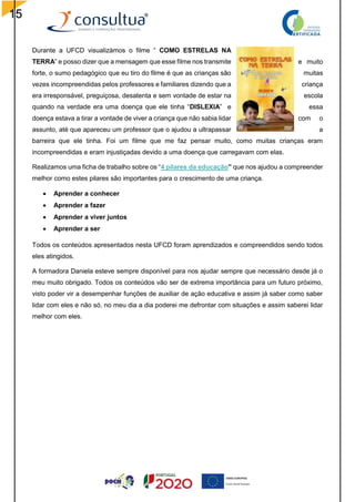 15
Durante a UFCD visualizámos o filme “ COMO ESTRELAS NA
TERRA” e posso dizer que a mensagem que esse filme nos transmite e muito
forte, o sumo pedagógico que eu tiro do filme é que as crianças são muitas
vezes incompreendidas pelos professores e familiares dizendo que a criança
era irresponsável, preguiçosa, desatenta e sem vontade de estar na escola
quando na verdade era uma doença que ele tinha “DISLEXIA” e essa
doença estava a tirar a vontade de viver a criança que não sabia lidar com o
assunto, até que apareceu um professor que o ajudou a ultrapassar a
barreira que ele tinha. Foi um filme que me faz pensar muito, como muitas crianças eram
incompreendidas e eram injustiçadas devido a uma doença que carregavam com elas.
Realizamos uma ficha de trabalho sobre os “4 pilares da educação” que nos ajudou a compreender
melhor como estes pilares são importantes para o crescimento de uma criança.
 Aprender a conhecer
 Aprender a fazer
 Aprender a viver juntos
 Aprender a ser
Todos os conteúdos apresentados nesta UFCD foram aprendizados e compreendidos sendo todos
eles atingidos.
A formadora Daniela esteve sempre disponível para nos ajudar sempre que necessário desde já o
meu muito obrigado. Todos os conteúdos vão ser de extrema importância para um futuro próximo,
visto poder vir a desempenhar funções de auxiliar de ação educativa e assim já saber como saber
lidar com eles e não só, no meu dia a dia poderei me defrontar com situações e assim saberei lidar
melhor com eles.
 