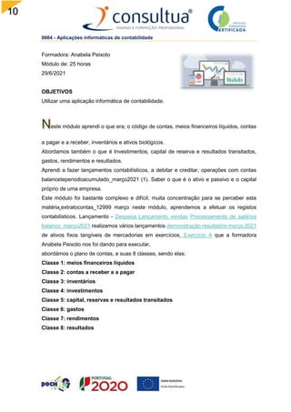 10
4
0664 - Aplicações informáticas de contabilidade
Formadora: Anabela Peixoto
Módulo de: 25 horas
29/6/2021
OBJETIVOS
Utilizar uma aplicação informática de contabilidade.
este módulo aprendi o que era; o código de contas, meios financeiros líquidos, contas
a pagar e a receber, inventários e ativos biológicos.
Abordamos também o que é Investimentos, capital de reserva e resultados transitados,
gastos, rendimentos e resultados.
Aprendi a fazer lançamentos contabilísticos, a debitar e creditar, operações com contas
balanceteperiodoacumulado_março2021 (1). Saber o que é o ativo e passivo e o capital
próprio de uma empresa.
Este módulo foi bastante complexo e difícil, muita concentração para se perceber esta
matéria.extratocontas_12999 março neste módulo, aprendemos a efetuar os registos
contabilísticos. Lançamento - Despesa Lançamento vendas Processamento de salários
balanco_março2021 realizamos vários lançamentos demonstração resultados março 2021
de ativos fixos tangíveis de mercadorias em exercícios, Exercício A que a formadora
Anabela Peixoto nos foi dando para executar,
abordámos o plano de contas, e suas 8 classes, sendo elas:
Classe 1: meios financeiros líquidos
Classe 2: contas a receber e a pagar
Classe 3: inventários
Classe 4: investimentos
Classe 5: capital, reservas e resultados transitados
Classe 6: gastos
Classe 7: rendimentos
Classe 8: resultados
 