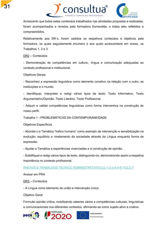 31
Acrescento que todos estes conteúdos trabalhados nas atividades propostas e realizadas,
foram acompanhados e revistos pela formadora Esmeralda, e todos eles refletidos e
compreendidos.
Relativamente aos DR`s, foram cedidos os respetivos conteúdos e objetivos pela
formadora, os quais seguidamente enumero e aos quais acrescentarei em anexo, os
Trabalhos 1, 2 e 3.
DR2 – Conteúdos
- Demonstração de competências em cultura., língua e comunicação adequadas ao
contexto profissional e institucional.
Objetivos Gerais
- Reconheci a expressão linguística como elemento conetivo na relação com o outro, as
instituições e o mundo.
- Identifiquei, interpretei e redigi vários tipos de texto: Texto Informativo, Texto
Argumentativo/Opinião, Texto Literário, Texto Profissional.
- Adquiri e validei competências linguísticas como forma interventiva na construção do
nosso perfil.
Trabalho 1 - PROBLEMÁTICAS DA CONTEMPORANEIDADE
Objetivos Específicos
- Abordei o a Temática “trafico humano” como exemplo de intervenção e sensibilização na
evolução, equilíbrio e nivelamento da sociedade através da Língua enquanto forma de
expressão.
- Ajustei a Temática a experiências vivenciadas e à construção de opinião.
- Solidifiquei e redigi vários tipos de texto, distinguindo-os, demonstrando assim a respetiva
importância no contexto profissional.
ANEXOS E TRABALHOS TÉCNICO ADMINISTRATIVOCLC-1-2-3-4-5-6-7CLC-7
Anexar em PRA
DR3 – Conteúdos
- A Língua como elemento de união e intervenção cívica.
Objetivo Geral
Formulei opinião crítica, mobilizando saberes vários e competências culturais, linguísticas
e comunicacionais nos diferentes contextos, afirmando-se como sujeito ativo e criativo.
 