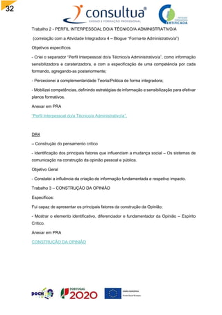 32
Trabalho 2 - PERFIL INTERPESSOAL DO/A TÉCNICO/A ADMINISTRATIVO/A
(correlação com a Atividade Integradora 4 – Blogue “Forma-te Administrativo/a”)
Objetivos específicos
- Criei o separador “Perfil Interpessoal do/a Técnico/a Administrativo/a”, como informação
sensibilizadora e caraterizadora, e com a especificação de uma competência por cada
formando, agregando-as posteriormente;
- Percecionei a complementaridade Teoria/Prática de forma integradora;
- Mobilizei competências, definindo estratégias de informação e sensibilização para efetivar
planos formativos.
Anexar em PRA
“Perfil Interpessoal do/a Técnico/a Administrativo/a”,
DR4
– Construção do pensamento crítico
- Identificação dos principais fatores que influenciam a mudança social – Os sistemas de
comunicação na construção da opinião pessoal e pública.
Objetivo Geral
- Constatei a influência da criação de informação fundamentada e respetivo impacto.
Trabalho 3 – CONSTRUÇÃO DA OPINIÃO
Específicos:
Fui capaz de apresentar os principais fatores da construção da Opinião;
- Mostrar o elemento identificativo, diferenciador e fundamentador da Opinião – Espírito
Crítico.
Anexar em PRA
CONSTRUÇÃO DA OPINIÃO
 