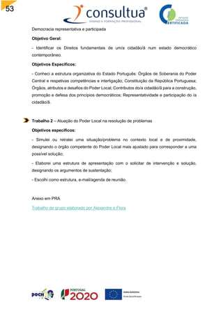 53
Democracia representativa e participada
Objetivo Geral:
- Identificar os Direitos fundamentais de um/a cidadão/ã num estado democrático
contemporâneo.
Objetivos Específicos:
- Conheci a estrutura organizativa do Estado Português: Órgãos de Soberania do Poder
Central e respetivas competências e interligação; Constituição da República Portuguesa;
Órgãos, atributos e desafios do Poder Local; Contributos do/a cidadão/ã para a construção,
promoção e defesa dos princípios democráticos; Representatividade e participação do /a
cidadão/ã.
Trabalho 2 – Atuação do Poder Local na resolução de problemas
Objetivos específicos:
- Simulei ou retratei uma situação/problema no contexto local e de proximidade,
designando o órgão competente do Poder Local mais ajustado para corresponder a uma
possível solução;
- Elaborei uma estrutura de apresentação com o solicitar de intervenção e solução,
designando os argumentos de sustentação;
- Escolhi como estrutura, e-mail/agenda de reunião.
Anexo em PRA
Trabalho de grupo elaborado por Alexandre e Flora
 