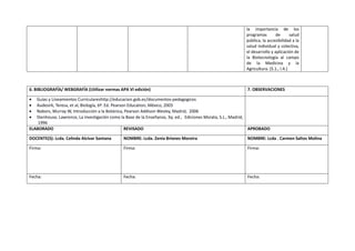 la importancia de los
programas de salud
pública, la accesibilidad a la
salud individual y colectiva,
el desarrollo y aplicación de
la Biotecnología al campo
de la Medicina y la
Agricultura. (S.1., I.4.)
6. BIBLIOGRAFÍA/ WEBGRAFÍA (Utilizar normas APA VI edición) 7. OBSERVACIONES
 Guías y Lineamientos Curriculareshttp://educacion.gob.ec/documentos-pedagogicos
 Audesirk, Teresa, et al, Biología, 6ª. Ed. Pearson Education, México, 2003
 Nabors, Murray W, Introducción a la Botánica, Pearson Addison Wesley, Madrid, 2006
 Stenhouse, Lawrence, La investigación como la Base de la Enseñanza, 3q. ed., Ediciones Morata, S.L., Madrid,
1996
ELABORADO REVISADO APROBADO
DOCENTE(S): Lcda. Celinda Alcívar Santana NOMBRE: Lcda. Zenia Briones Moreira NOMBRE: Lcda . Carmen Saltos Molina
Firma: Firma: Firma:
Fecha: Fecha: Fecha:
 