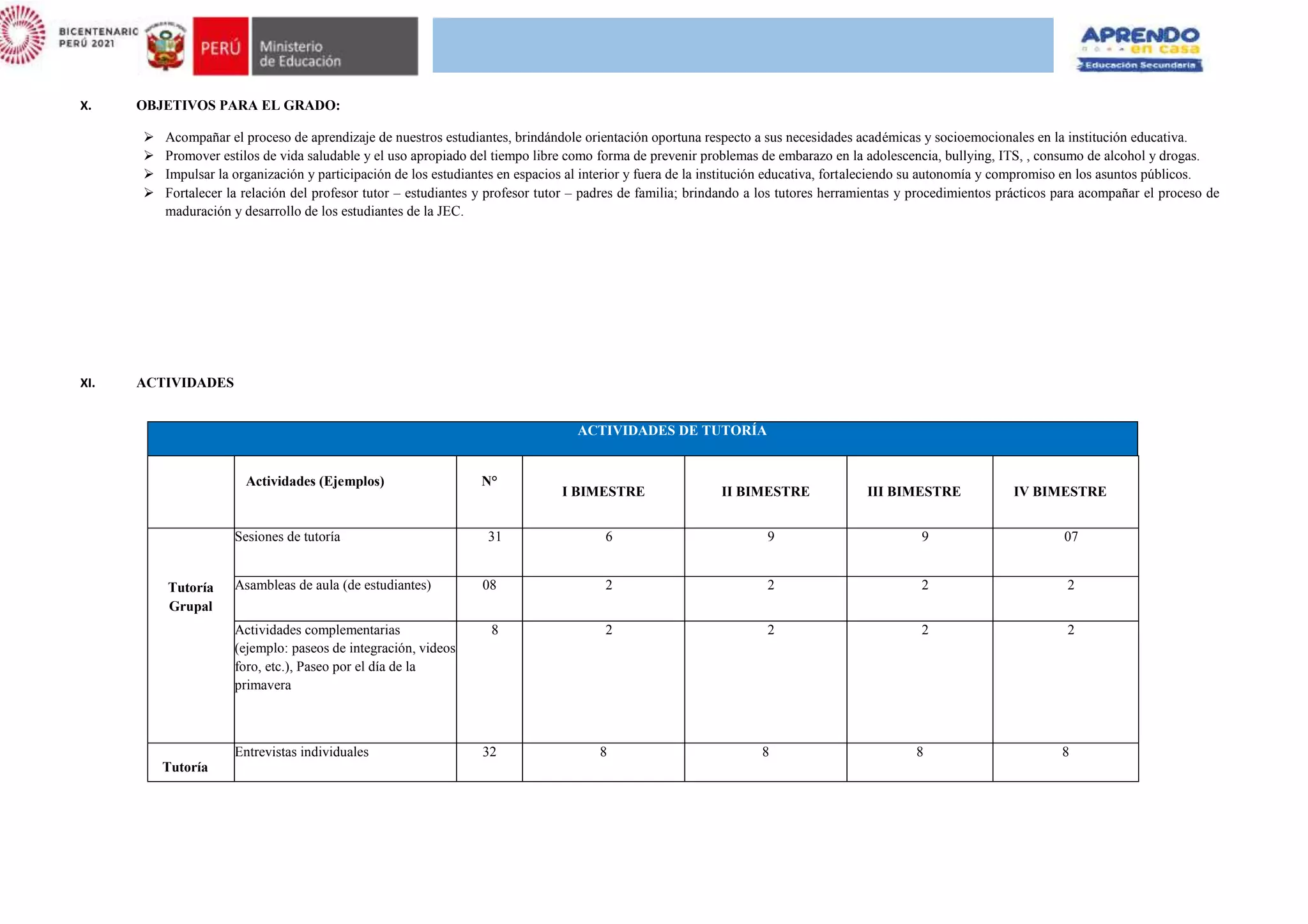 X. OBJETIVOS PARA EL GRADO:
 Acompañar el proceso de aprendizaje de nuestros estudiantes, brindándole orientación oportuna respecto a sus necesidades académicas y socioemocionales en la institución educativa.
 Promover estilos de vida saludable y el uso apropiado del tiempo libre como forma de prevenir problemas de embarazo en la adolescencia, bullying, ITS, , consumo de alcohol y drogas.
 Impulsar la organización y participación de los estudiantes en espacios al interior y fuera de la institución educativa, fortaleciendo su autonomía y compromiso en los asuntos públicos.
 Fortalecer la relación del profesor tutor – estudiantes y profesor tutor – padres de familia; brindando a los tutores herramientas y procedimientos prácticos para acompañar el proceso de
maduración y desarrollo de los estudiantes de la JEC.
XI. ACTIVIDADES
ACTIVIDADES DE TUTORÍA
Actividades (Ejemplos) N°
I BIMESTRE II BIMESTRE III BIMESTRE IV BIMESTRE
Tutoría
Grupal
Sesiones de tutoría 31 6 9 9 07
Asambleas de aula (de estudiantes) 08 2 2 2 2
Actividades complementarias
(ejemplo: paseos de integración, videos
foro, etc.), Paseo por el día de la
primavera
8 2 2 2 2
Tutoría
Entrevistas individuales 32 8 8 8 8
 