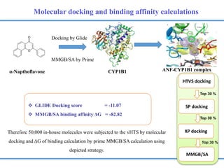 α-Napthoflavone
 GLIDE Docking score = -11.07
 MMGB/SA binding affinity ΔG = -82.82
Therefore 50,000 in-house molecules were subjected to the vHTS by molecular
docking and ΔG of binding calculation by prime MMGB/SA calculation using
depicted strategy.
Molecular docking and binding affinity calculations
HTVS docking
SP docking
XP docking
MMGB/SA
Top 30 %
Top 30 %
Top 30 %
Docking by Glide
MMGB/SA by Prime
CYP1B1 ANF-CYP1B1 complex
 