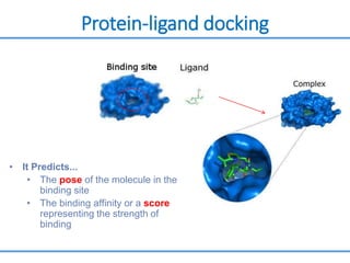 Protein-ligand docking
• It Predicts...
• The pose of the molecule in the
binding site
• The binding affinity or a score
representing the strength of
binding
 