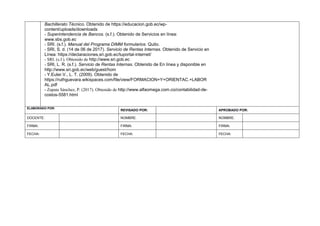 Bachillerato Técnico. Obtenido de https://educacion.gob.ec/wp-
content/uploads/downloads
- Superintendencia de Bancos. (s.f.). Obtenido de Servicios en línea:
www.sbs.gob.ec
- SRI. (s.f.). Manual del Programa DIMM formularios. Quito.
- SRI, S. d. (14 de 06 de 2017). Servicio de Rentas Internas. Obtenido de Servicio en
Línea: https://declaraciones,sri.gob.ec/tuportal-internet/
- SRI. (s.f.). Obtenido de http://www.sri.gob.ec
- SRI, L. R. (s.f.). Servicio de Rentas Internas. Obtenido de En línea y disponible en
http://www.sri.gob.ec/web/guest/hom
- Y.Euler.V., L. T. (2009). Obtenido de
https://ruthguevara.wikispaces.com/file/view/FORMACION+Y+ORIENTAC.+LABOR
AL.pdf
- Zapata Sánchez, P. (2017). Obtenido de http://www.alfaomega.com.co/contabilidad-de-
costos-5581.html
ELABORADO POR:
REVISADO POR: APROBADO POR:
DOCENTE: NOMBRE: NOMBRE:
FIRMA: FIRMA: FIRMA:
FECHA: FECHA: FECHA:
 
